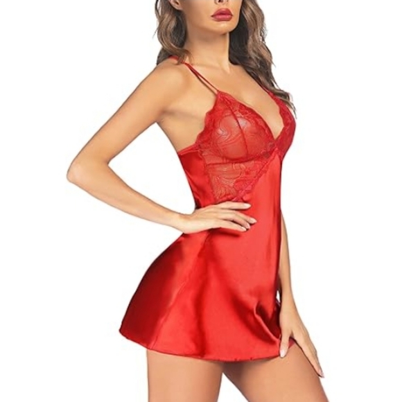 Avidlov Lingerie Nightwear Satin Lace Chemise Mini Teddy Scarlet Red Nighty - Picture 2 of 8